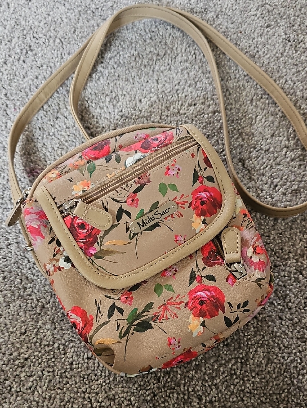 M2🔹️MultiSac Beige Floral Crossbody Bag with Red Rose Pattern
